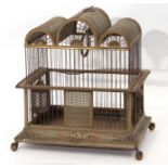 19th century Toleware metal bird cage with triple arched top, wire work surround and rectangular