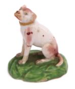 Late 18th century Derby model of a dog seated on its haunches on a green base, 6cm high