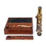 Mid-19th century mahogany cased drum microscope, unsigned, of typical lacquered brass construction