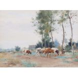 Adrianus Johannes Groenewegen (1874-1963) Cattle and figure in wooded lane watercolour, signed lower