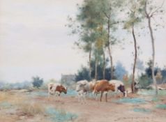 Adrianus Johannes Groenewegen (1874-1963) Cattle and figure in wooded lane watercolour, signed lower