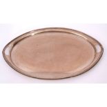 Large and heavy George V oval tea tray with beaded edge, two in-cut handles, plain centre, 39cm x