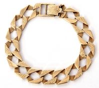 9ct gold flat curb link bracelet, a design featuring textured and plain polished large links, London