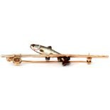 Vintage 9ct gold and silver enamelled fly fishing bar brooch, circa 1936, featuring an enamelled