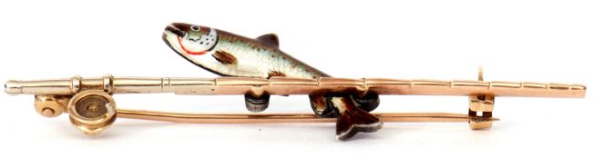 Vintage 9ct gold and silver enamelled fly fishing bar brooch, circa 1936, featuring an enamelled