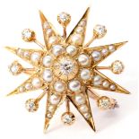 Victorian gold, pearl and diamond starburst brooch/pendant, the old brilliant cut diamond centre