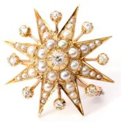 Victorian gold, pearl and diamond starburst brooch/pendant, the old brilliant cut diamond centre