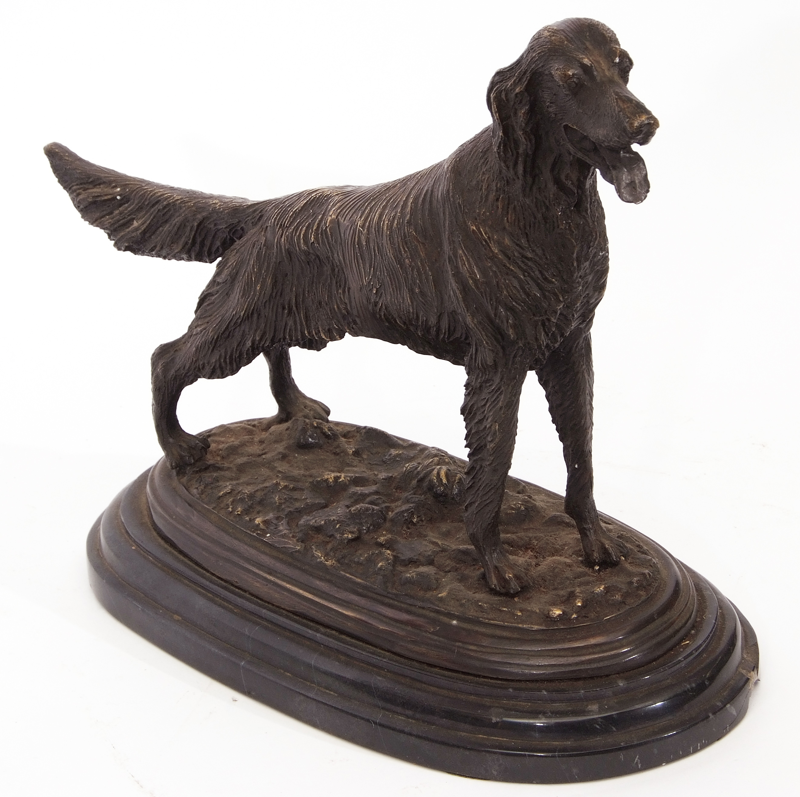 Bronze patinated cast metal study of a retriever dog in the manner of J P Mene on a black marble - Image 4 of 5