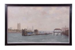 Roy Perry, RI (1935-1993) "Thames view with Big Ben and Houses of Parliament" oil on board, signed