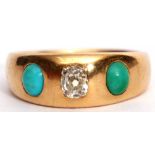 18ct gold, diamond and turquoise ring, the central old cut diamond 0.31ct (est) flanked by two