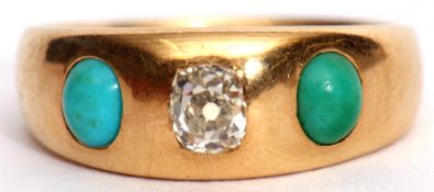 18ct gold, diamond and turquoise ring, the central old cut diamond 0.31ct (est) flanked by two