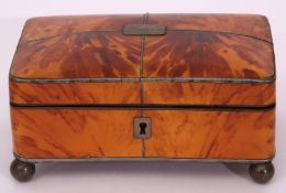 Blonde tortoiseshell small metal mounted vanity box with plush lined interior, the lid inscribed "