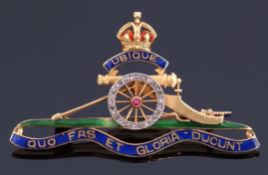 Royal Artillery sweetheart brooch with blue, green and red enamel decoration, ruby and diamond