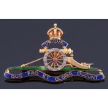 Royal Artillery sweetheart brooch with blue, green and red enamel decoration, ruby and diamond