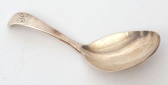Early Victorian caddy spoon of plain Old English pattern with egg shaped bowl, the handle engraved