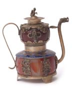 Chinese ornamental tea pot and cover with applied silver and enamel decoration, the top with