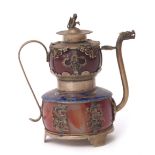 Chinese ornamental tea pot and cover with applied silver and enamel decoration, the top with