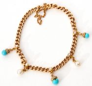 Edwardian 15ct stamped turquoise, pearl and diamond curb link bracelet with seed pearl and turquoise