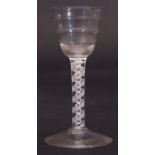 Rare mid-18th century "Lynn" type wine glass, the bucket bowl with concentric rings above an air