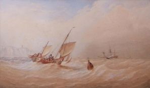 Thomas Sewell Robins (1810-1880) Shipping off a coast watercolour, signed and dated 77 lower left,