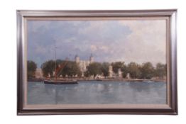 Roy Perry, RI (1935-1993) "The Sailing Barge Ethel May (passing Tower of London)" oil on board,