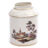18th century German porcelain tea caddy, probably Ludwigsberg, painted with a castle scene and