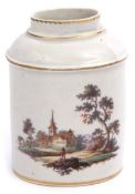 18th century German porcelain tea caddy, probably Ludwigsberg, painted with a castle scene and