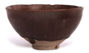 Chinese Jian ware type bowl with a mottled brown hares fur glaze in a wooden box, 12cm diam