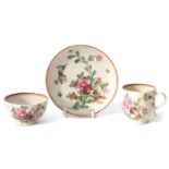 Lowestoft porcelain trio, circa 1780, decorated in polychrome with a Thomas Rose pattern, the saucer