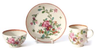 Lowestoft porcelain trio, circa 1780, decorated in polychrome with a Thomas Rose pattern, the saucer