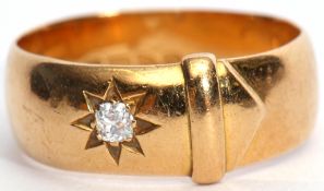 Antique 18ct gold and diamond buckle ring, featuring an old cut diamond in a star engraving setting,