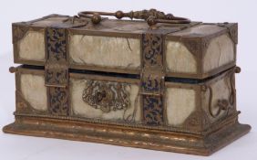 Unusual gilt metal mounted faded tortoiseshell or composition casket of rectangular form, the lid