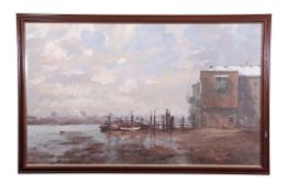 Roy Perry, RI (1935-1993) "Old Wharves, Shadwell" oil on board, signed lower left, 55 x 90cm