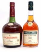 Courvoisier 3-star luxe Cognac, 1ltr, 40% vol and Three Barrels Rare Old French brandy, VSOP, 5