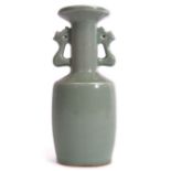 Chinese, probably 19th century, Longquan celadon mallet shaped vase with fish type handles, 26cm