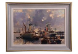 AR Gordon Hereward Hales, RSMA, FRSA (1916-1997) "Steam coasters in the Thames 1916" oil on board,