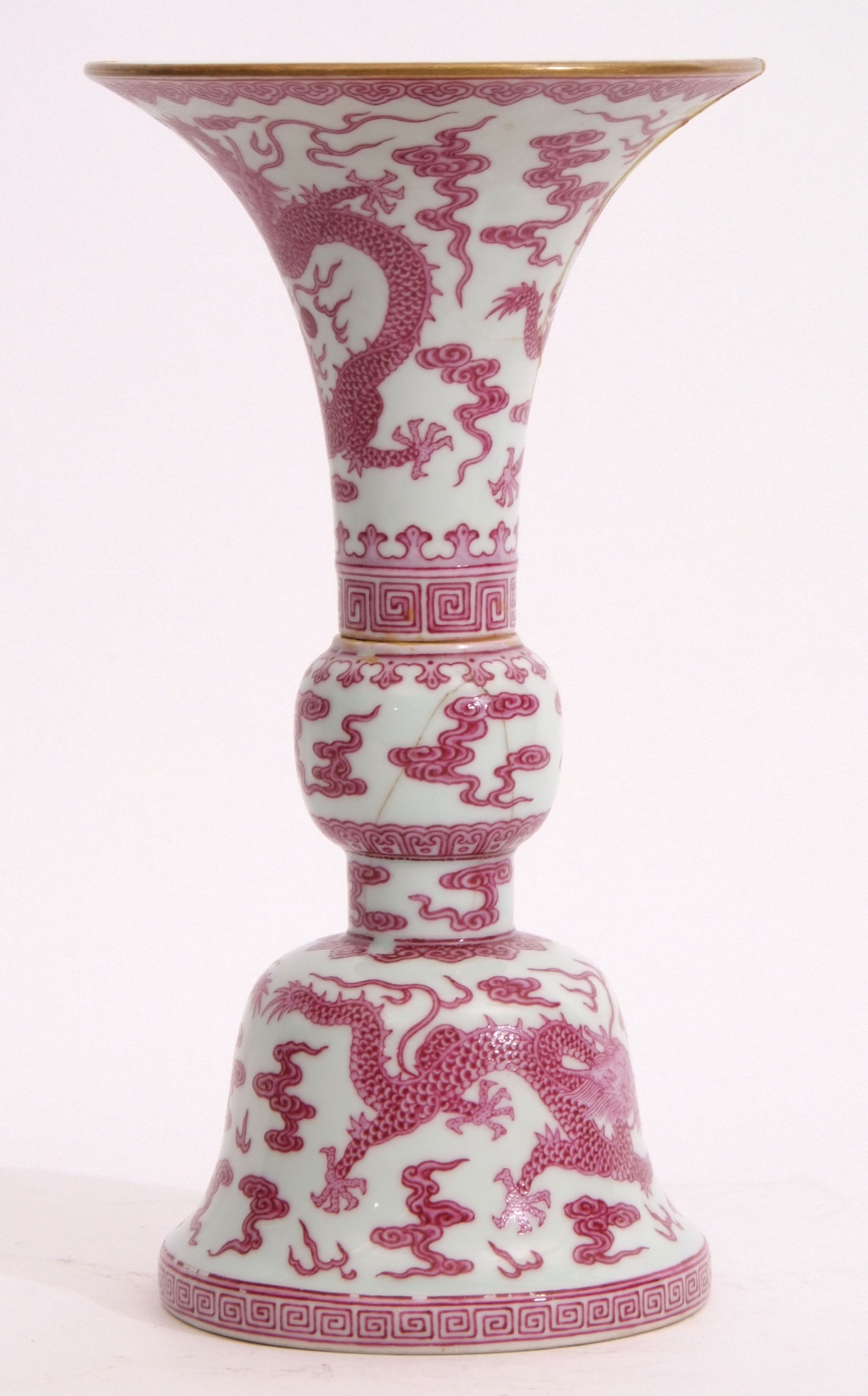 Chinese porcelain Gu shaped vase, decorated in pink enamel en camaieau with a two-horned five claw - Image 4 of 6