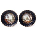 Two 18th century Worcester plates circa 1770, the gros bleu ground decorated to the centre with