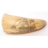 18th/19th century marine ivory scrimshaw engraved to one side with a two masted sailing ship at sea,