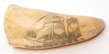 18th/19th century marine ivory scrimshaw engraved to one side with a two masted sailing ship at sea,