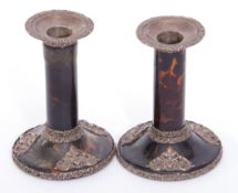 Pair of late Victorian tortoiseshell and silver mounted dressing table candlesticks with loaded