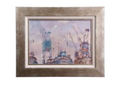 AR Peter Gilman (1928-1984) Dockyard oil on board, signed lower right, 25 x 35cm