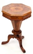 Victorian walnut pedestal work table lifting lid enclosing a plush lined fitted interior, pedestal