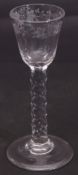 18th century wine glass, the funnel bowl with an engraved design of fruiting vines above a diamond