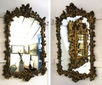 Pair of ornate gilded rectangular wall mirrors, oak leaf and acorn surrounds and further ribbon