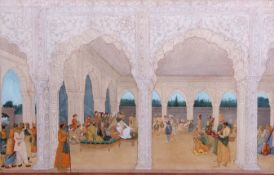 Hakim Mohammad Khan (20th Century, Mughal School) Durbar pen, ink. watercolour and gold, 36 x 56cm