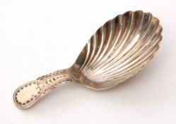 George III caddy spoon in Old English pattern with bright cut handle, shell formed bowl, 7.5cm long,