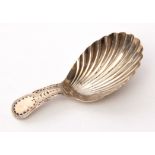 George III caddy spoon in Old English pattern with bright cut handle, shell formed bowl, 7.5cm long,