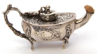 Late 19th century Dutch white metal table lighter in the form of an Aladdin's Lamp, chased and