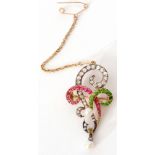 Edwardian green garnet, ruby, pearl and diamond Suffragette brooch, circa 1910, the scroll design